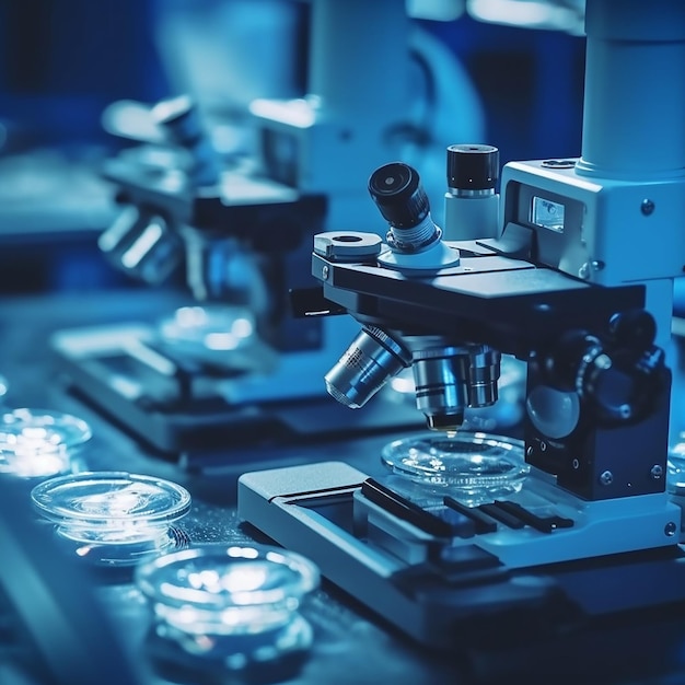 Microscopios en un laboratorio con fondo azul.