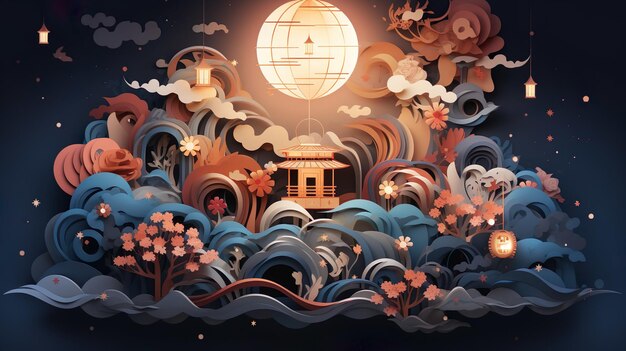 Mid-Autumn Festival chinesischer Stil Mond Kongming Laterne zweidimensionaler Stil Himmel Generative KI