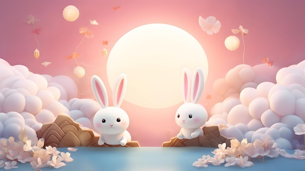 MidAutumn Festival Poster Cartoon Cute Clay Bunny Fundo de nuvens estereoscópicas