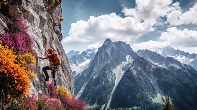 Midclimb em borda estreita com vibrante vista alpina equipamento colorido esforço humano no alpinismo