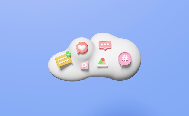 Mídia social 3D na nuvem com bolhas de bate-papo isoladas em fundo azul Aplicações de comunicação social on-line conceito de SEO Ilustração de renderização 3D