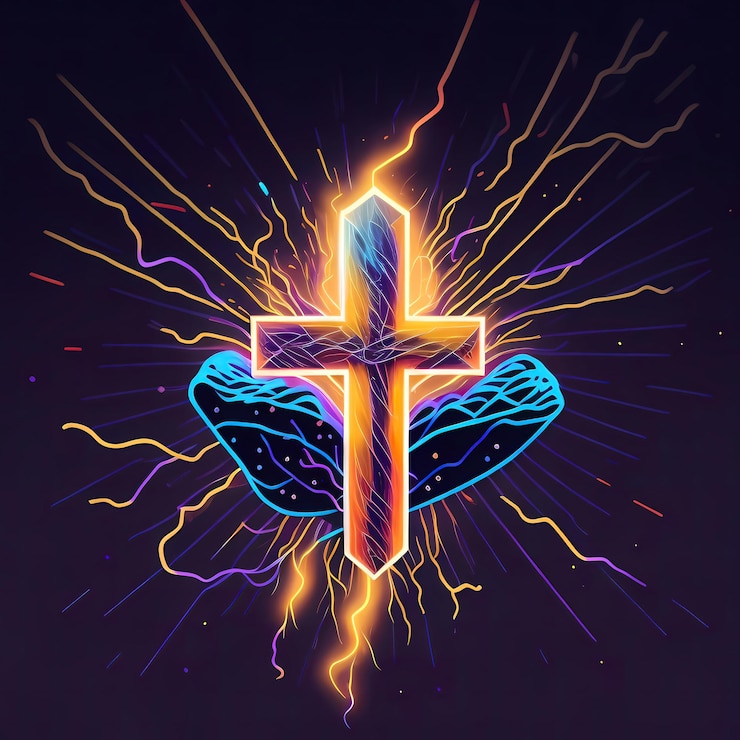 Foto mídia social feliz páscoa para o cristianismo crucifixo português relâmpago elétrico colorido vetor