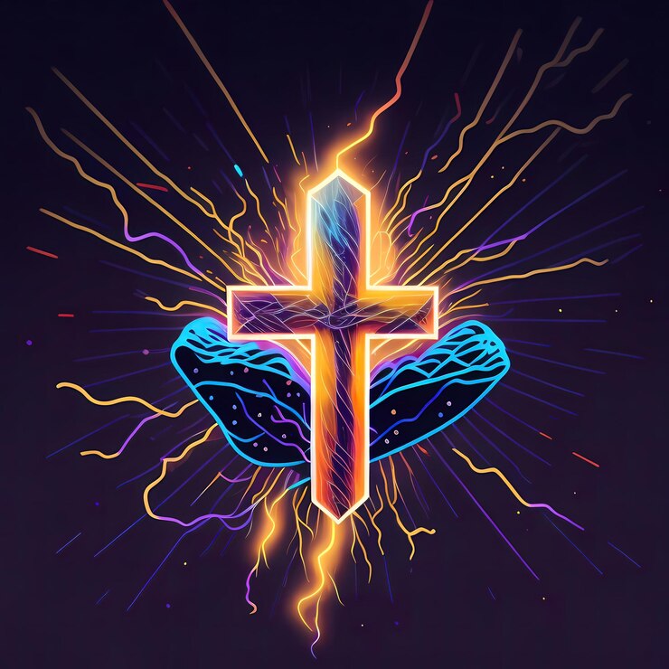 Foto mídia social feliz páscoa para o cristianismo crucifixo português relâmpago elétrico colorido vetor
