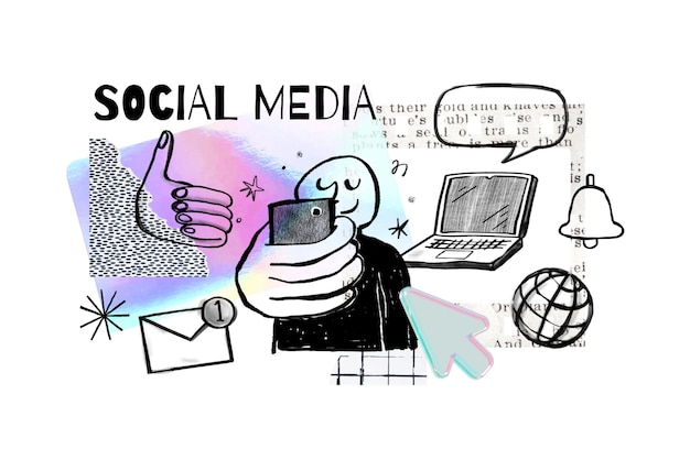 Mídia social palavra png smartphone doodle digital remix fundo transparente