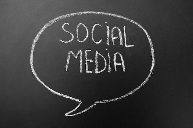 Foto mídia social - redes de internet - texto escrito à mão com giz branco em um quadro negro no discurso, bolha de diálogo mental.