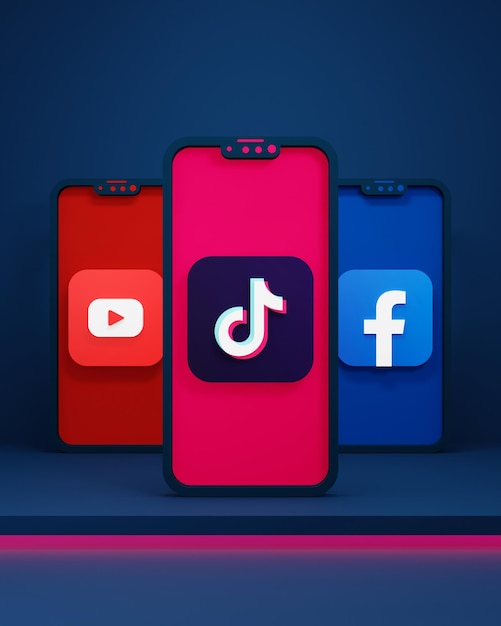 Mídia social YouTube Tiktok Ícones do Facebook com smartphone 3D renderizado