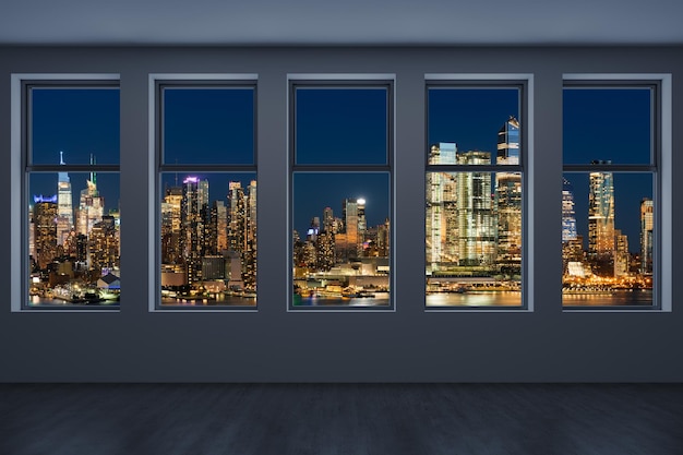 Midtown New York City Manhattan Skyline Edifícios de arranha-céus Imobiliário Caro Janela Interior Quarto vazio Vista da Cidade Vista da Cidade Hudson Yards West Side Renderização em 3d