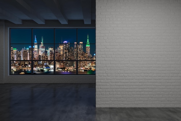 Midtown New York City Manhattan Skyline Edifícios de arranha-céus Imobiliário caro Quarto vazio Interior com parede de maquete Arranha-céus Vista Vista da cidade Noite Lado oeste Renderização em 3d
