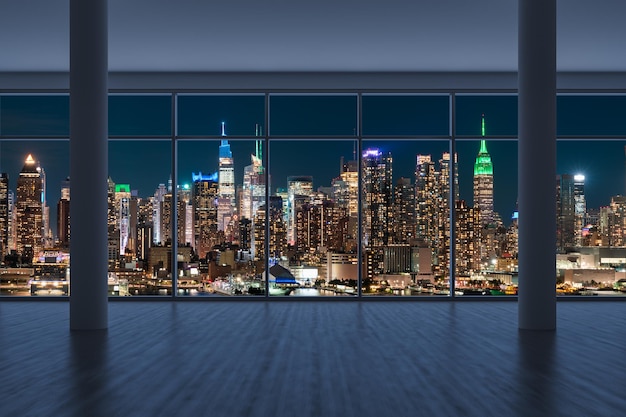 Midtown New York City Manhattan Skyline Edifícios de arranha-céus Janela Bonito Caro Imobiliário Interior Quarto vazio Vista da cidade Vista da cidade Noite Lado oeste Renderização em 3d