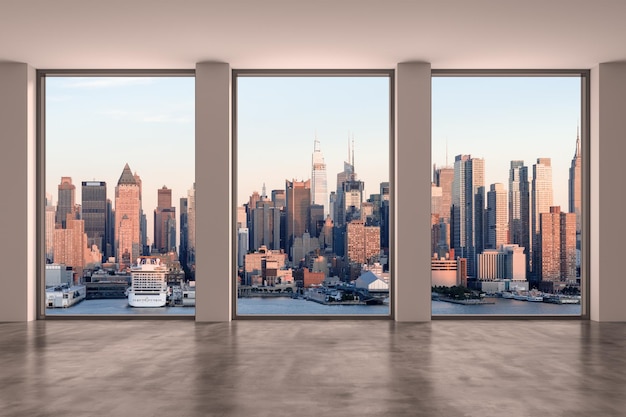 Midtown New York City Manhattan Skyline Edificios desde High Rise Window Beautiful Caro Real Estate Habitación vacía Interior Rascacielos Ver Cityscape Sunset West Side 3d renderizado