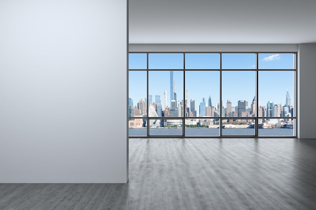 Midtown New York City Manhattan Skyline Edificios desde High Rise Window Caro Real Estate Habitación vacía Interior con pared de Mockup Rascacielos Vista Cityscape Día tiempo lado oeste renderizado 3d