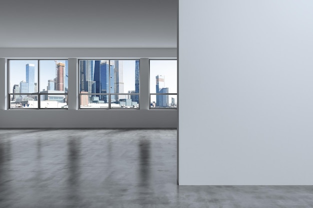 Midtown New York City Manhattan Skyline Edificios de High Rise Window Mockup pared blanca Inmobiliaria Habitación vacía Interior Rascacielos Vista Paisaje urbano Día Hudson Yards West Side 3d renderizado