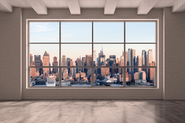 Midtown New York City Manhattan Skyline Gebäude aus Hochhausfenster Schöne teure Immobilien Leerer Raum Innenraum Wolkenkratzer Ansicht Stadtbild Sonnenuntergang Westseite 3D-Rendering