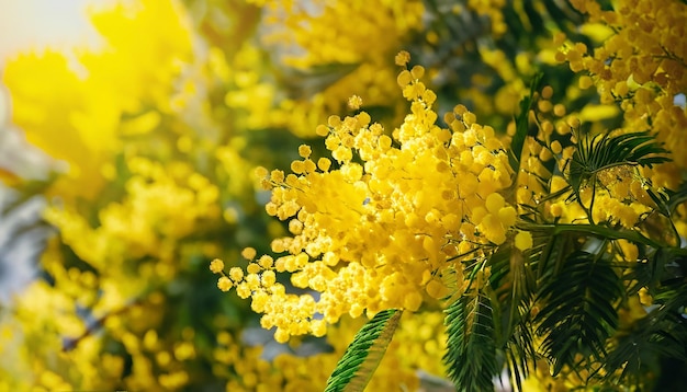 Miel de abeja en pleno vuelo nombre latino apish mellifera recolectando polen en mimosa o acacia dealbata