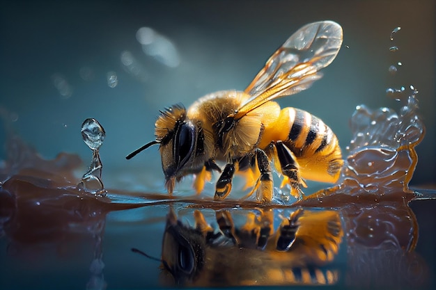 Miel de abeja en la superficie del agua Macro fotografía generativa ai