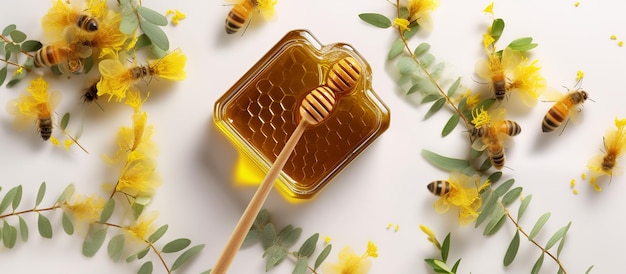 Foto miel de acacia en un frasco de vidrio una abeja y una rama de acacias en flor aisladas sobre un fondo blanco