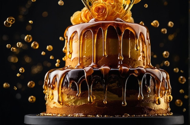 La miel dorada en cascada sobre un pastel de niveles negros