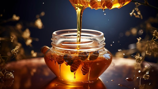 La miel dorada goteando de un cubo en un frasco de vidrio con un fondo cálido y borroso