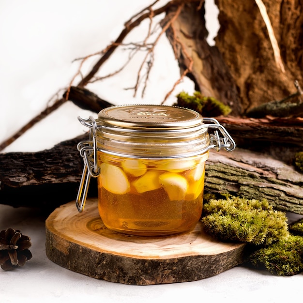 Miel fermentada con ajo en un tarro en la naturaleza.