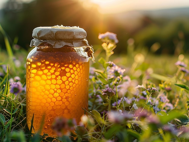 La miel en frasco es deliciosa y sostenible Producción de alimentos respetuosos con el medio ambiente