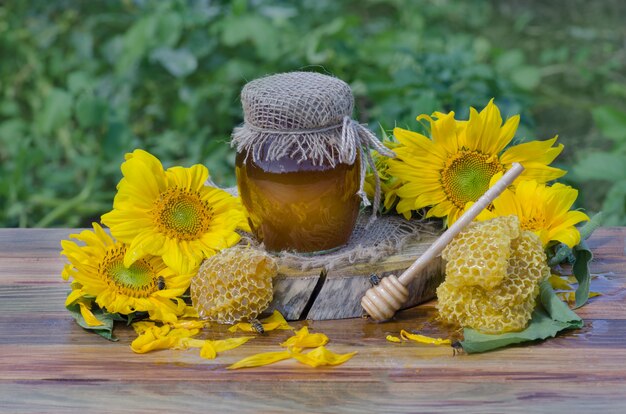 Miel en frascos de vidrio y miel de abeja occidental. Honey Bee en la naturaleza. Miel con abeja voladora