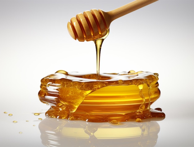 La miel fresca gotea de una cuchara de madera
