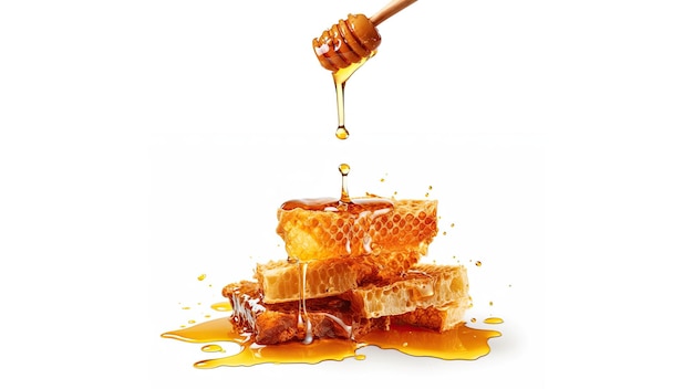 La miel goteando de una cuchara de madera en un panal de miel sobre un fondo blanco