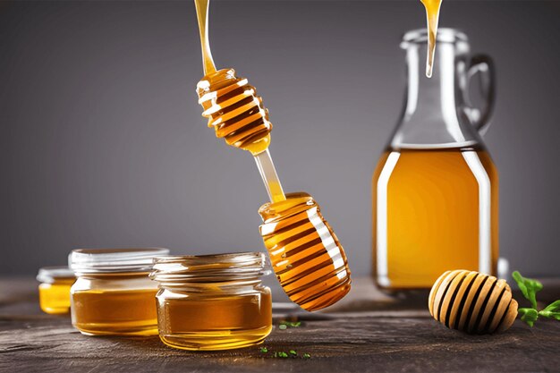 Miel goteando HoneyJar e ilustración de conjunto de abejas IA generativa