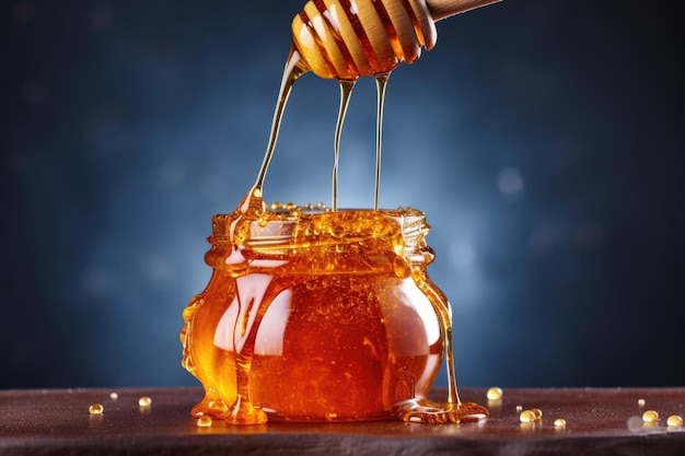 La miel lloviendo de un cubo de miel en un frasco