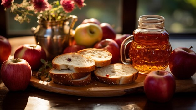 Miel con manzanas en una mesa de madera Rosh Hashaná