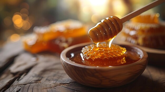 La miel pura en un cuenco en una mesa de madera