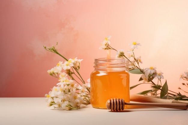 miel pura en frasco transparente acentuada por delicadas flores blancas contra un fondo pastel suave