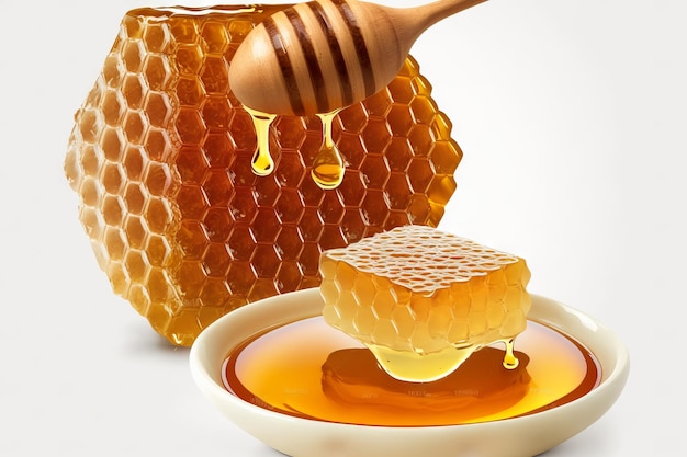 Miel que gotea de un cucharón de madera en un recipiente lleno de miel IA generativa