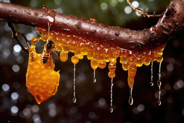 Foto la miel que gotea del panal silvestre en la rama creada con ai generativa