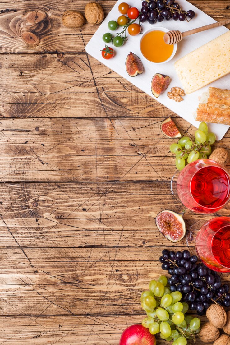 Miel de queso, vino, uvas baguette higos y bocadillos en la mesa de madera rústica con espacio de copia.