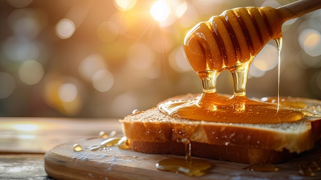 La miel se vierte en un pedazo de pan para la cena de la mañana Diseño de fondo de la pancarta