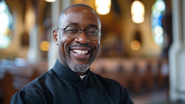 Foto un miembro del clero sonriente que irradia positividad y espiritualidad dentro de la iglesia