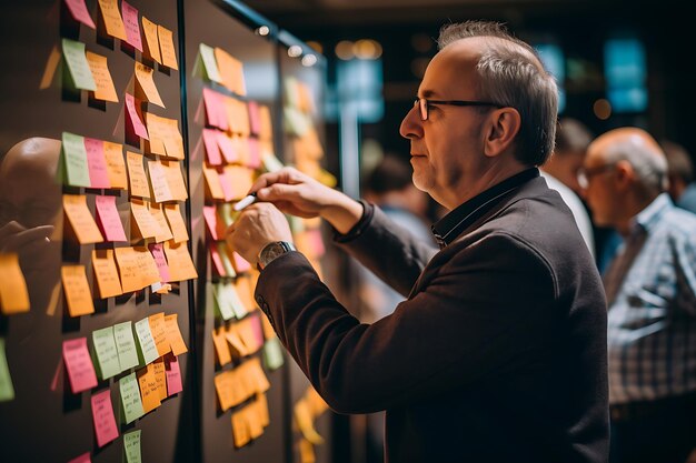 Foto miembro del equipo de desarrollo y scrum master trabajando en un proyecto ágil para el propietario del producto y las partes interesadas