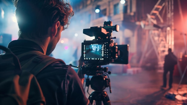 Miembro del equipo de filmación operando la cámara durante un rodaje nocturno al aire libre