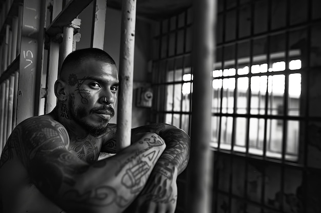 Foto miembro de una pandilla tatuada sentado detrás de las rejas de la prisión