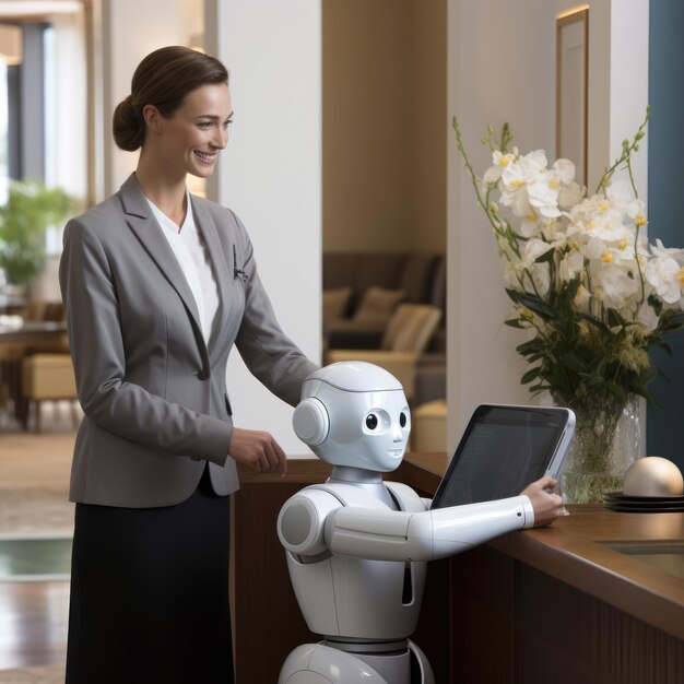 Foto un miembro del personal del hotel y un robot de servicio se unen para proporcionar a los huéspedes un s delicioso y eficiente
