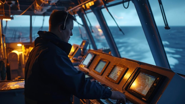 Foto un miembro de la tripulación está de guardia en la cubierta de un barco vigilando cuidadosamente el radar y manteniendo una vigilancia