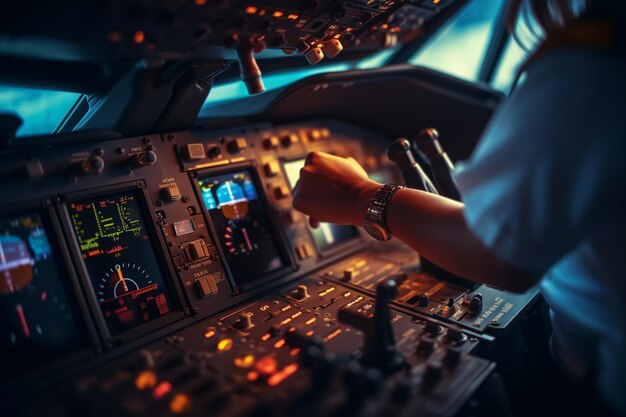 Foto miembro de la tripulación que utiliza el comando del panel de control en la navegación del tablero de instrumentos para volar un avión en la cabina del piloto