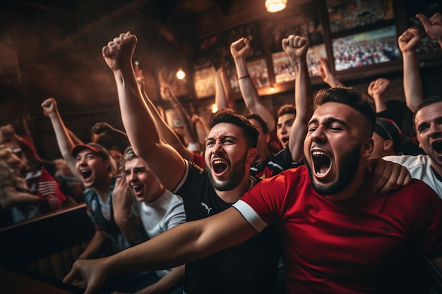 Foto miembros del club de fútbol animando a su equipo jugando en una copa internacional fina