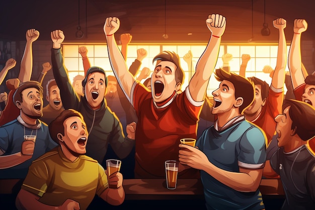 Miembros de un club de fútbol animando a su equipo jugando en una final de copa internacional Fanáticos solidarios parados en un bar animando, levantando la mano y gritando Amigos celebran la victoria después del gol