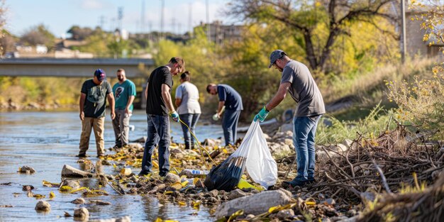 Foto miembros de la comunidad unen fuerzas para limpiar un río