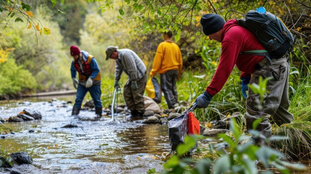 Foto miembros de la comunidad unen fuerzas para limpiar un río