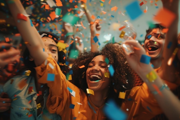 Foto los miembros del equipo celebran y lanzan confeti en la oficina.