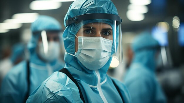 Foto miembros del equipo médico en un fondo borroso de un hospital