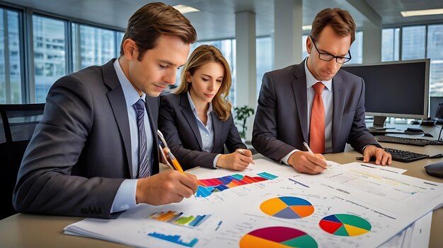Miembros del equipo mirando un informe financiero
